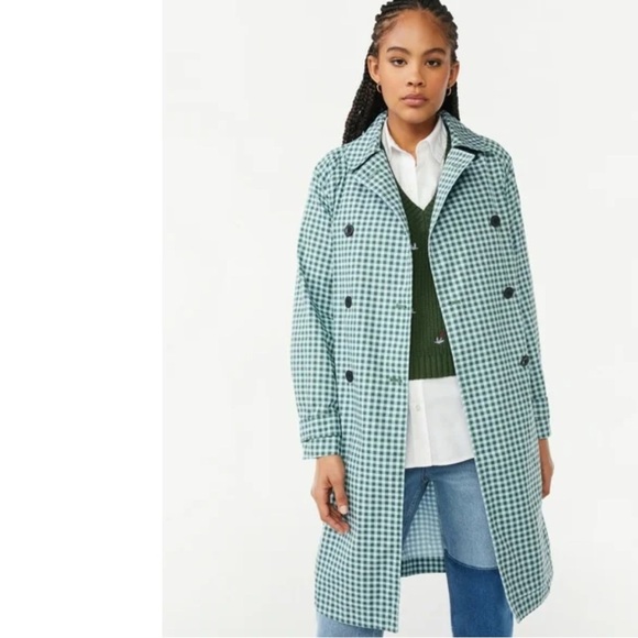 Green Gingham Trench Coat with Notched Lapels - Picture 1 of 13